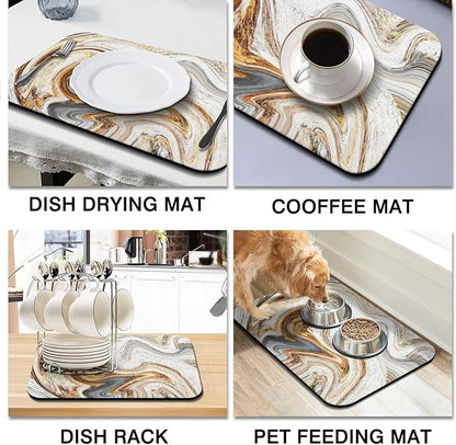 Dish Drying Mat for Kitchen Counter 2 Pack with Non-Slip Rubber Backing - Heat-Resistant Absorbent Coffee Bar Mat, Dish Rack Mat, Marble Texture Dish Drying Mats 18x24+19.5x12 inch