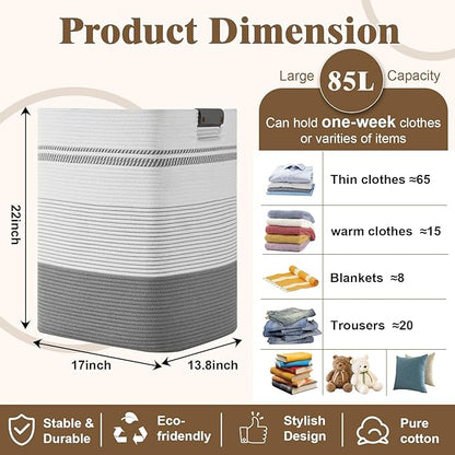 Laundry Hamper, 85L Tall Laundry Basket with Leather Handles, Rectangle Large Clothes Hamper for Organizing, Cotton Woven Laundry Baskets Storage Hampers for Bedroom, Nursery, Living Room