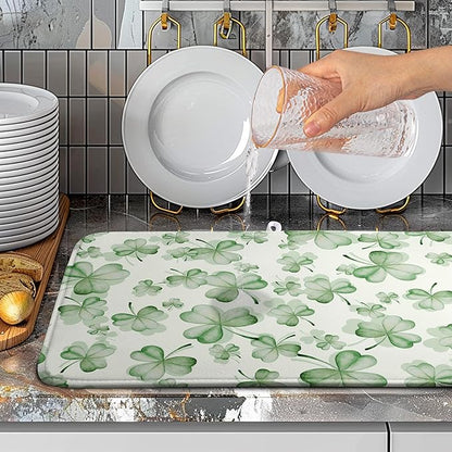 Green Clover Kitchen Drying Mat St Patrick's Day Lucky Shamrock Dish Drying Mats Spring Sage Green Dishes Dry Mat Microfiber Washable Large Dish Pad Super Absorbent Dish Drainer Rack Mat 18x24 Inch