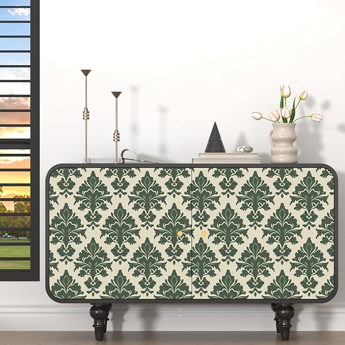 Vintage Green Floral Symmetrical Wallpaper Peel and Stick 17.5" x 118" Boho Leaf Pattern Self Adhesive Cantact Paper, Waterproof Removable Vinyl Wall Covering for Bedroom Living Room Cabinet