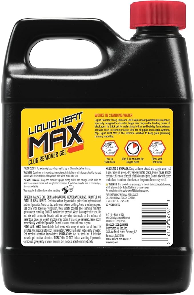 Zep Liquid Heat Max Clog Remover Gel - Destroys Hair, Build-Up & Grease - 32 oz.