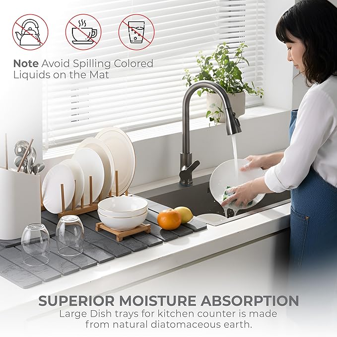 Large Stone Dish Drying Mat for Kitchen Counter - Quick Dry Stone Dishes Mats, Foldable Water Absorbing Diatomaceous Earth Drying Organizer Pad for Rack Bottles Plate (Dark Gray 24"×16" & 8"x5")