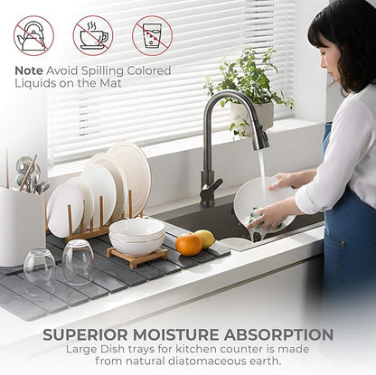 Large Stone Dish Drying Mat for Kitchen Counter - Quick Dry Stone Dishes Mats, Foldable Water Absorbing Diatomaceous Earth Drying Organizer Pad for Rack Bottles Plate (Dark Gray 24"×16" & 8"x5")