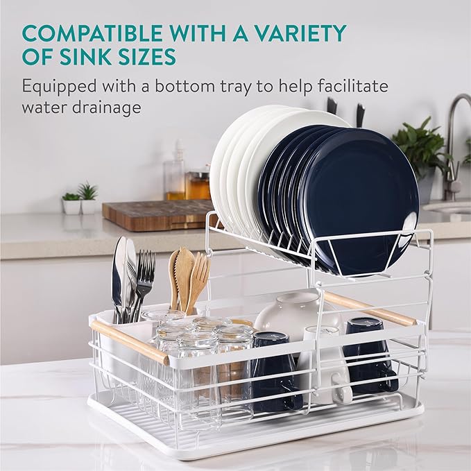 Navaris 2 Tier Dish Rack - Compact Drying Kitchen Board with Drip Tray & Cutlery Holder - Easy to Assemble and Clean Dishes - Sink Drainer Rack - White