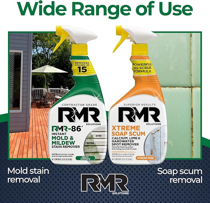 RMR Instant Mold & Mildew Stain Remover Spray + Xtreme Soap Scum Remover, No-Scrub Indoor/Outdoor Cleaning System for Bathroom, Shower, Siding, & Deck, 2–32 Oz Bottles