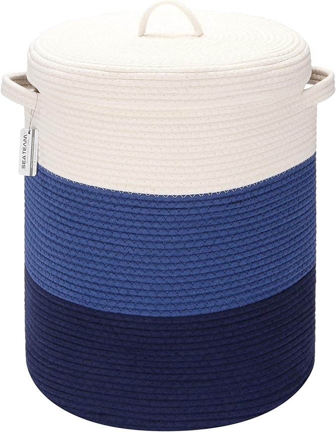 Sea Team Large Size Cotton Rope Woven Storage Basket with Lid, Lidded Laundry Hamper with Handles, Fabric Bucket with Cover, Clothes Toys Organizer for Kid's Room, 16 x 20 inches, White & Navy