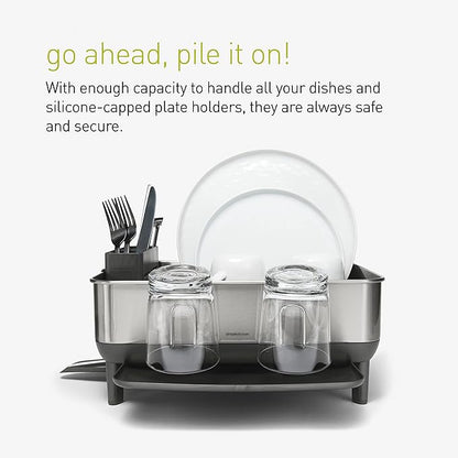 simplehuman Compact Dish Drying Rack with Stainless Steel Frame, 360º Easy Drain Swivel Spout, Utensil Holder, Anti-Residue Coating, Moisture Control Surface, Grey