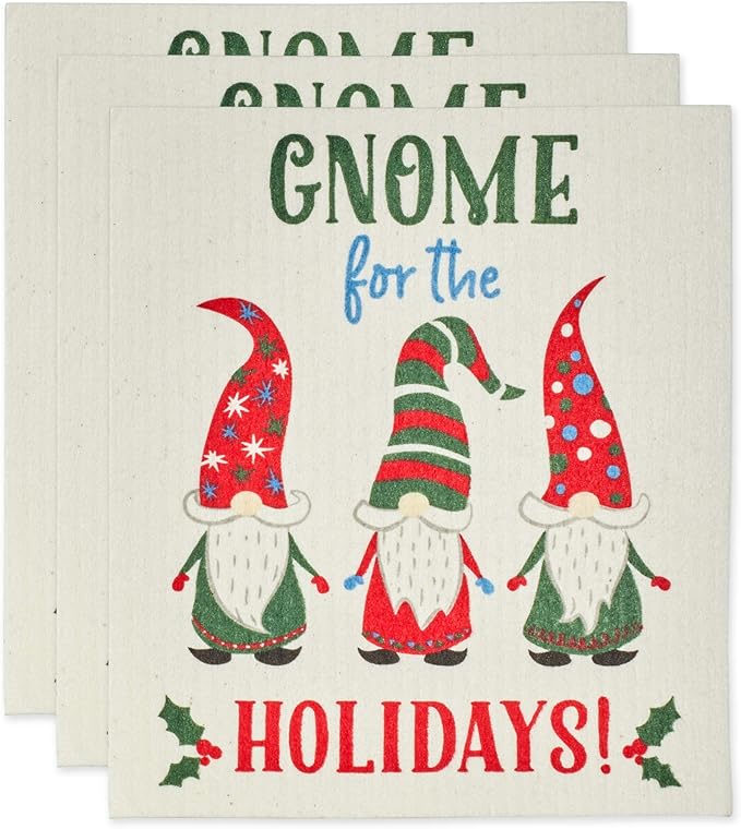 DII Swedish Dishcloths for Kitchen & Cleaning, Reusable, Machine Washable & Dishwasher Safe, Biodegradable, 7.75 x 6.75, Gnome Holidays, 3 Piece