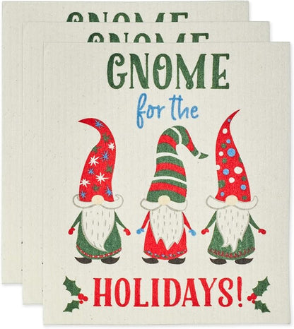 DII Swedish Dishcloths for Kitchen & Cleaning, Reusable, Machine Washable & Dishwasher Safe, Biodegradable, 7.75 x 6.75, Gnome Holidays, 3 Piece