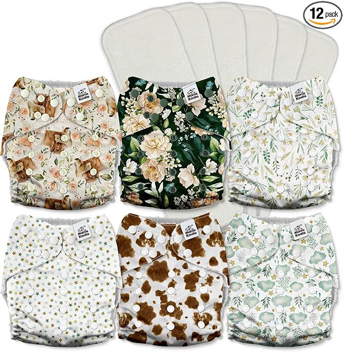 Mama Koala 3.0 Pocket Cloth Diapers for Babies with AWJ Lining, 6 Pack with 6 5-Layer Natural Cloth Diaper Inserts - Reusable and Washable Pocket Diapers(A-A Special Set)