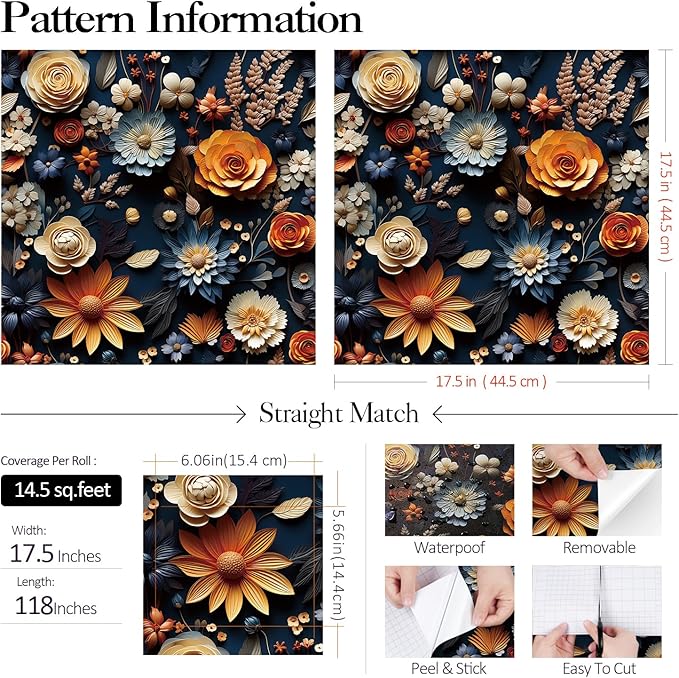 FunStick Dark Blue Floral Wallpaper Peel and Stick Orange Faux 3D Embossed Floral Wall Paper Modern Vinyl Wall Art Decor Removable Navy Blue Beige Daisy Rose Floral Contact Paper for Cabinets Ceiling
