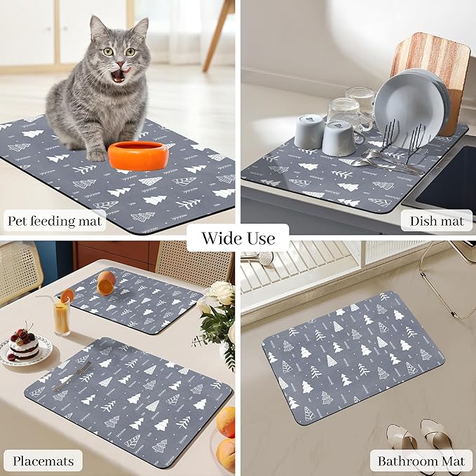 Bloss Christmas Dish Drying Mat, 16"x24" Absorbent Bar Mat with Waterproof Rubber Back, Fit Under Coffee Maker Machine/Kitchen Counter
