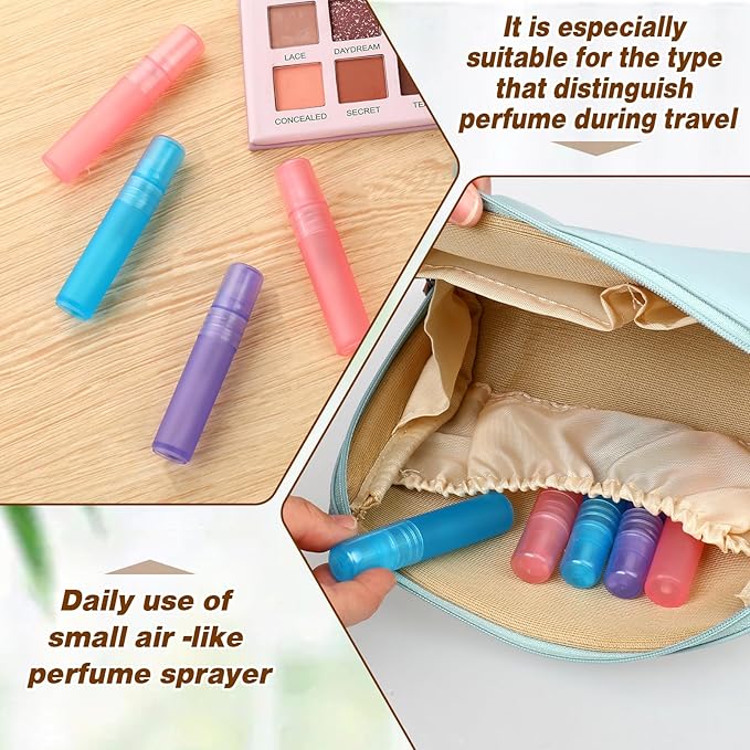 Mozeat Lens 6 PCS 5ml Mini Spray Bottle Plastic Portable Travel Bottle Fine Mist Refillable Mini Perfume Sample Bottles Clear Plastic Spray Bottle Empty for Cleaning Travel Essential Oils, 3 Color