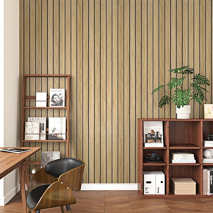 Wallercity 3D Wood Grain Wall Panels Self Adhesive Wood Slats Wall Paneling for Walls Soundproof Peel and Stick Wooden Panel for Living Room Bedroom Bathroom Waterproof Fence Wallpaper 11.7''x197''
