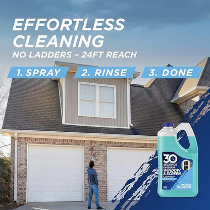 30 SECONDS Outdoor Window & Screen Concentrated Cleaner for Glass, Patio Doors, Fiberglass, Furniture - No Screen Removal Required, Spray & Rinse - Refill for Hose End Sprayer Bottles, 1.1 Gallon
