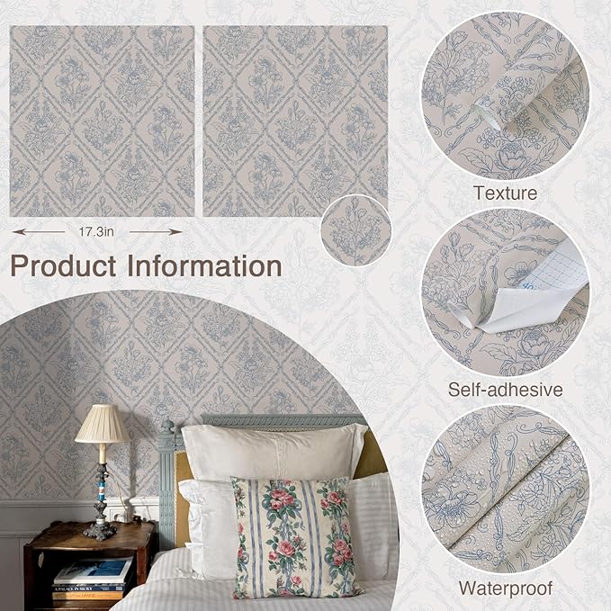 Toduso Peel and Stick Wallpaper Vintage Wall Paper Boho Contact Paper Blue Removable Wallpaper for Kitchen Bathroom Bedroom Floral Waterproof Self Adhesive Vinyl Drawer Decor 17.3"x78.7"