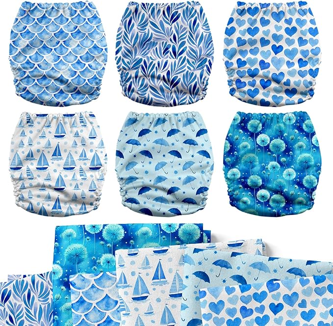 Mama Koala 3.0 Cloth Diapers for Babies with AWJ Lining, 6 Pack with 6 Natural Cloth Diaper Inserts - Reusable and Washable Pocket Diapers (Blue Romance)