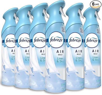 Febreze Air Mist, Air Freshener Spray, Odor Fighting Room Spray, Deodorizer for Home Bathroom Kitchen Office Apartment Dorm Room Classroom, Linen & Sky Scent, 8.1oz (Pack of 6)
