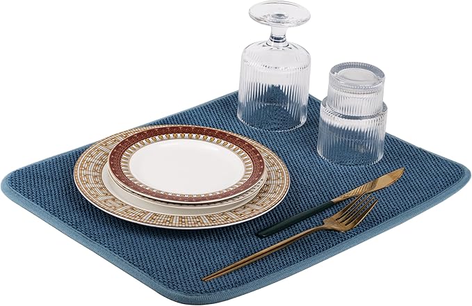 Dish Drying Mat, Microfiber Ultra-Absorbent Kitchen Counter Mat, Ideal Dish Drying Pad for Dishes, Utensils, Pots, and Pans, Blue, Small - 16"x12" (40x30cm).