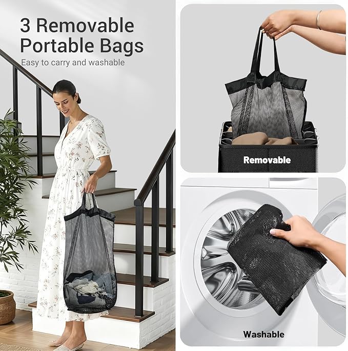 185L Laundry Hamper 3 Section with Lid, Beige Clothes Hamper with 3 Removable Laundry Bags, Large Laundry Basket for Bedroom, Laundry Room, Dorm