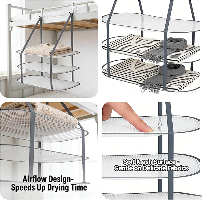 Sweater Drying Rack Hanging on Door Dryer Flat Portable Collapsible Mesh Large Laundry Clothes Drying Rack Room Organization 3 Tier