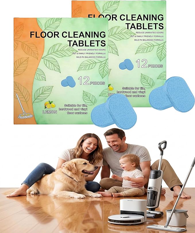 Floor Cleaning Tablets: 1 Tab = 2l Pre-Measured Solution, Streak-Free & Non-sticky for Barefoot Clean, Protects & Shines All Floors, Zero-Plastic & Space-Saving, For Mops & Robot Vacuums (2set)
