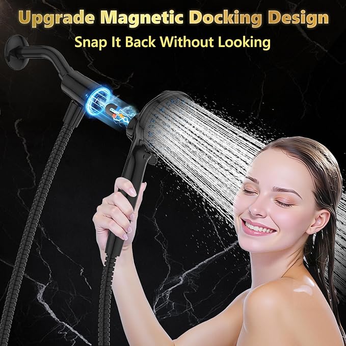 High Pressure Filtered Shower Head with Handheld, Upgrade Magnetic 10-Mode Handheld Showerhead Built-in Power Wash for Bathroom Cleaning, Detachable Shower Head with 71" Shower hose (Black)