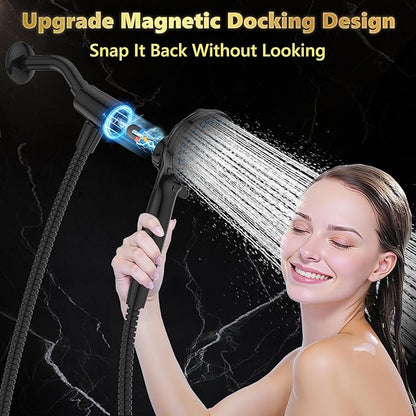 High Pressure Filtered Shower Head with Handheld, Upgrade Magnetic 10-Mode Handheld Showerhead Built-in Power Wash for Bathroom Cleaning, Detachable Shower Head with 71" Shower hose (Black)
