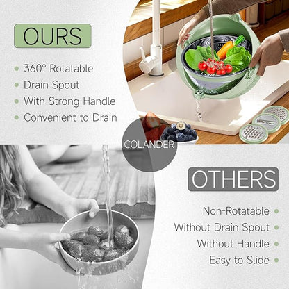 4-1 Strainer with Bowl & Spoons Set - Strainers and Colanders - Colanders for kitchen(Patented) - Pasta Strainer with Upgraded Graters & Spoons for Fruit Veggie Kitchen Essentials, Green
