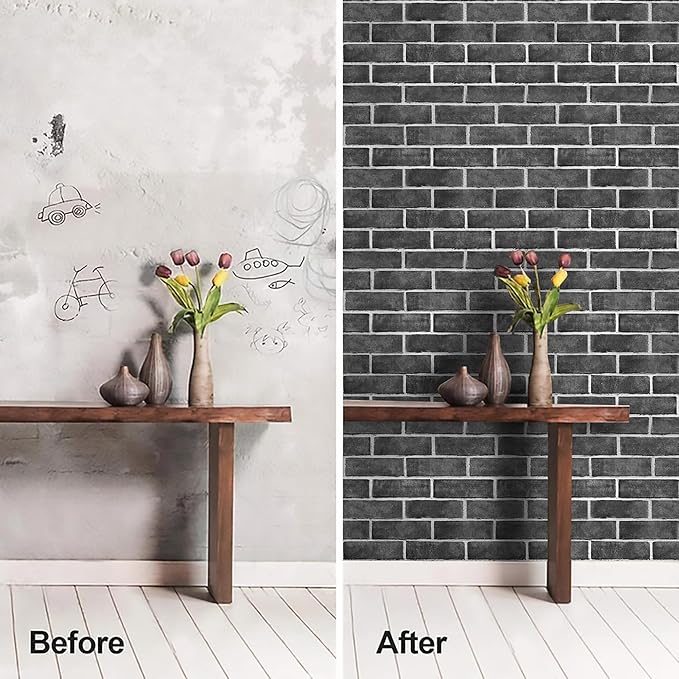 HeloHo 17.7" X 394" Grey Brick Wallpaper Peel and Stick Self-Adhesive Removable 3D Textured Wall Paper for Kitchen Backsplash Living Room Bedroom Decor