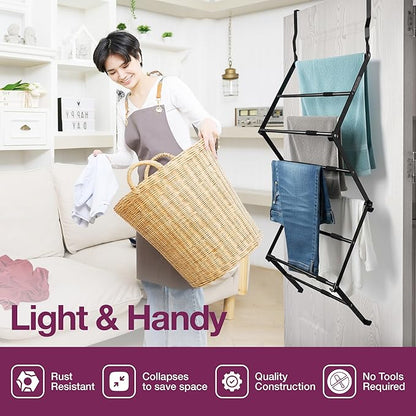BLACK+DECKER Over The Door Expandable Telescopic Drying Rack, Clothes Organizer, Towel Hanger, Laundry, Collapsible, Black
