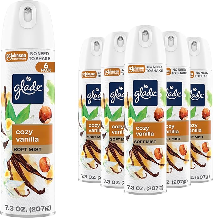 Glade Air Freshener Room Spray, Cozy Vanilla Scent, Odor Fighting to Deliver Long Lasting Freshness, 7.3 Oz, 6 Count
