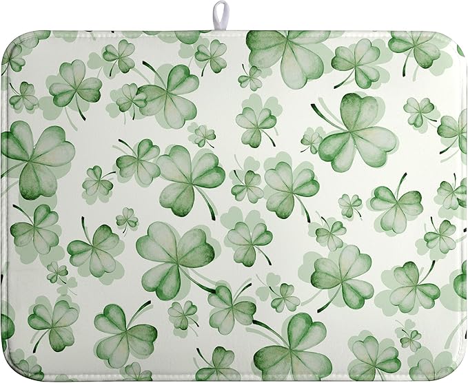 Green Clover Kitchen Drying Mat St Patrick's Day Lucky Shamrock Dish Drying Mats Spring Sage Green Dishes Dry Mat Microfiber Washable Large Dish Pad Super Absorbent Dish Drainer Rack Mat 18x24 Inch