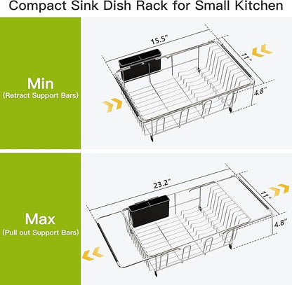 JASIWAY Dish Drying Rack in Sink, Expandable Stainless Steel Dish Drainers for Kitchen Counter, Dish Dryer Rack for Inside Sink, Over The Sink Dish Racks with Utensil Holder, Silver