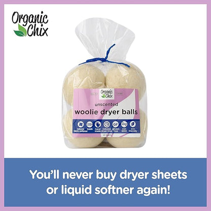 Organic Chix All Natural Unscented Dryer Balls - 100% Pure Wool, Reusable & Natural Alternative to Fabric Softener & Dryer Sheets - Handmade in USA, Non-GMO (4 Pack, 1000+ Loads)