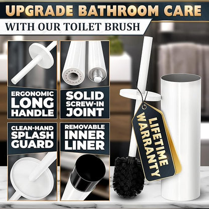 Stainless Steel Toilet Brush and Holder Set White - Long Handle Toilet Bowl Cleaner Brush and Holder - Removable Inner Liner, Shiny Design, Splash Protection & Dense Bristles for Bathroom Cleaning