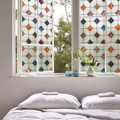DKTIE Stained Glass Window Film Geometric Patterns, Fine Frosted Window Clings for Glass Windows, Waterproof for Bathroom Window Privacy Film Day and Night (S533, 35.4in X 78.7in)