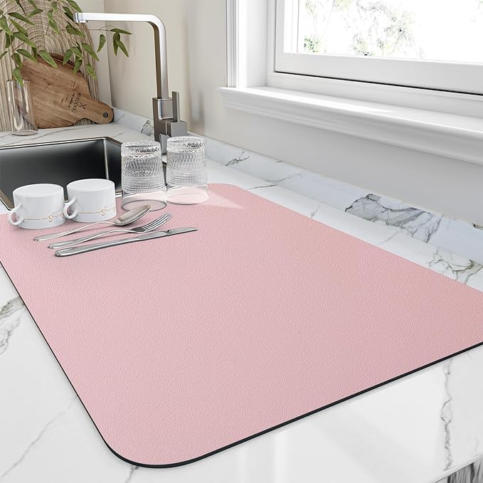 HotLive Dish Drying Mat for Kitchen Counter, Heat Resistant Drainer Mats with Non-slip Rubber Backed, Hide Stain Kitchen Super Absorbent Draining Mat, Easy to Clean Dish Rack Pad, Pink 16"x20"