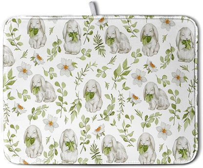 Easter Bunny Floral Drying Mat for Kitchen Counter Spring Easter Rabbits Green Leaves Dry Dish Mat Absorbent Microfiber Dish Draining Washable Dish Drainer Rack Mat Large 18x24 Inch