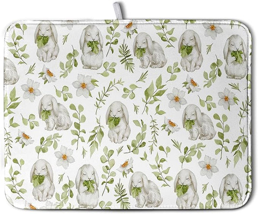 Easter Bunny Floral Drying Mat for Kitchen Counter Spring Easter Rabbits Green Leaves Dry Dish Mat Absorbent Microfiber Dish Draining Washable Dish Drainer Rack Mat Large 18x24 Inch