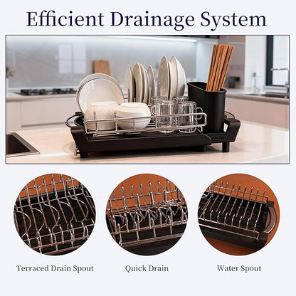 Dish Drying Rack Compact Expandable Double-Decker: Stainless, Rust-Proof, fits Kitchens/Apartments, extends 11.42"-19.9" (Black).