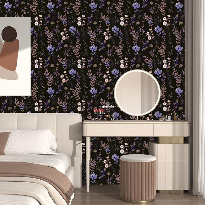 Fvlow Black Floral Wallpaper Peel and Stick Purple Leaf Contact Paper 17.4" X 118" Moody Dark Wallpaper Waterproof Self-Adhesive Vintage Wall Covering for Bedroom Countertop Desk Cabinets Decor