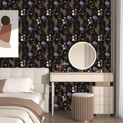 Fvlow Black Floral Wallpaper Peel and Stick Purple Leaf Contact Paper 17.4" X 118" Moody Dark Wallpaper Waterproof Self-Adhesive Vintage Wall Covering for Bedroom Countertop Desk Cabinets Decor