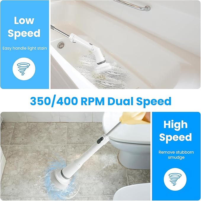 Moclever Electric Spin Scrubber – Cordless, Rechargeable, 400RPM Powerful Cleaning Brush with 6 Replaceable Heads, 2-Speed Adjustment & Extendable Handle for Bathroom, Tile, and Grout