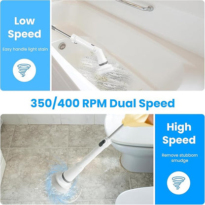 Moclever Electric Spin Scrubber – Cordless, Rechargeable, 400RPM Powerful Cleaning Brush with 6 Replaceable Heads, 2-Speed Adjustment & Extendable Handle for Bathroom, Tile, and Grout
