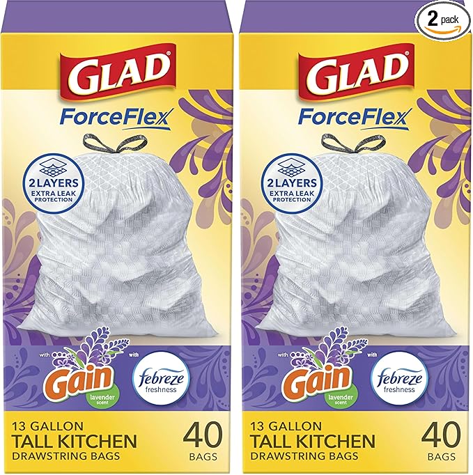 Glad Trash Bags, ForceFlex Tall Drawstring Garbage Bags, 13 Gallon White Trash Bags for Tall Kitchen Trash Can, Mediterranean Lavender with Febreze Freshness to Eliminate Odors, 40 Count (Pack of 2)