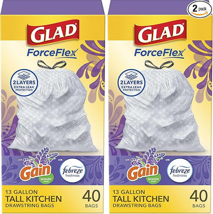 Glad Trash Bags, ForceFlex Tall Drawstring Garbage Bags, 13 Gallon White Trash Bags for Tall Kitchen Trash Can, Mediterranean Lavender with Febreze Freshness to Eliminate Odors, 40 Count (Pack of 2)