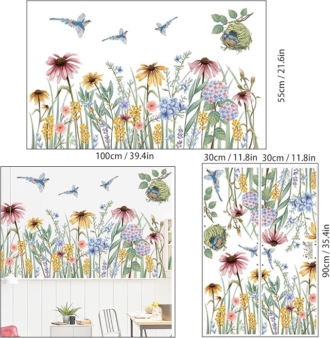 Wildflower Grass Daisy Wall Decals, Garden Floral Birds Flower Wall Stickers, BWCXXZH Self-Adhesive Wall Art Stickers for Girls Bedroom Living Room Nursery Decor