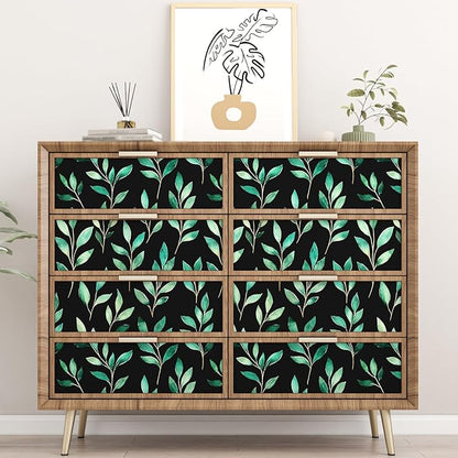Fvlow Green Floral Wallpaper Peel and Stick Black Leaf Contact Paper 17.4" x 118" Vintage Leaf Wallpaper Waterproof Self-Adhesive Wall Covering for Bedroom Countertop Desk Cabinets Decor