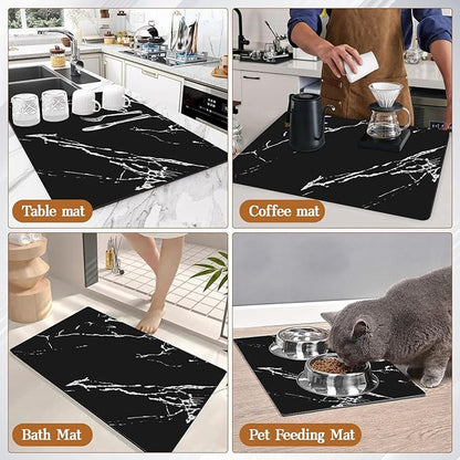 Absorbent Coffee Mat, 24"x16" Dish Drying Mat Coffee Mat Bar Accessories, Hide Stain Rubber Backed Absorbent Dish Drying Mat for Kitchen Counter Fits Under Coffee Maker or Machine (Black)